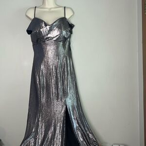 Nightway Women's Formal Dress Size 14 Silver Metallic Off the Shoulder Gown